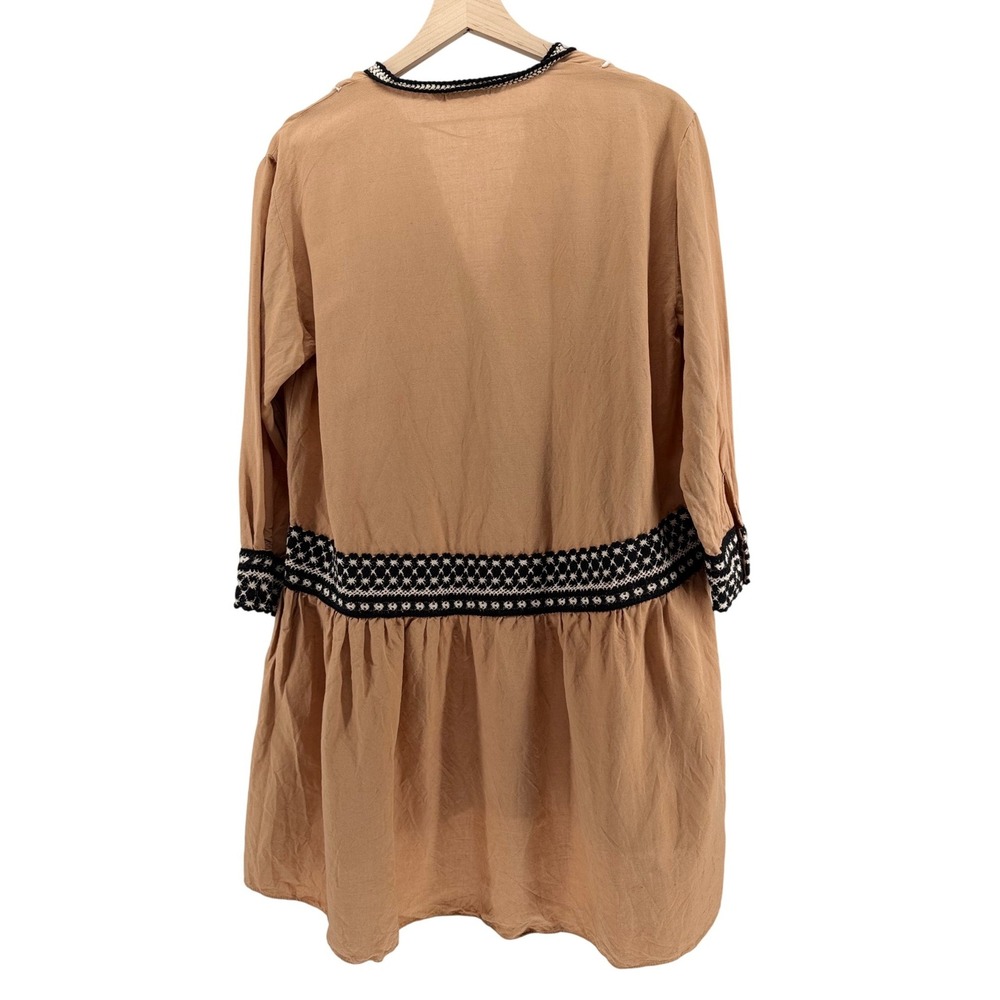 Zara Terracotta Tan Linen Blend Crochet Trim Midi Dress Long Sleeve Womens M - Picture 3 of 11